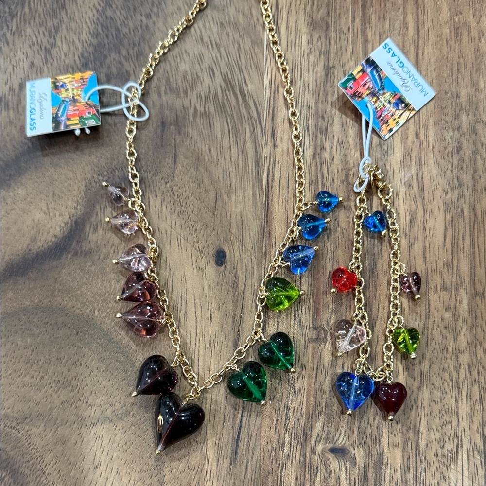 NWT Genuine Murano Gold Chain Necklace and Bracelet w/Multicolor Glass Hearts